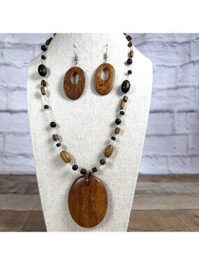 Natural Wood Beaded Oval Pendant Statement Necklace Earring Resort Set Boho Chic